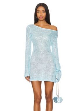 Off-The-Shoulder Light Blue Long Sleeve Knit Mini Dress